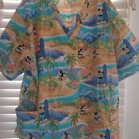 Disney Scrub Top 3XL Mickey Mouse Tropical Hawaiian Surf Print 100% Cotton V-Nec - Picture 3 of 4